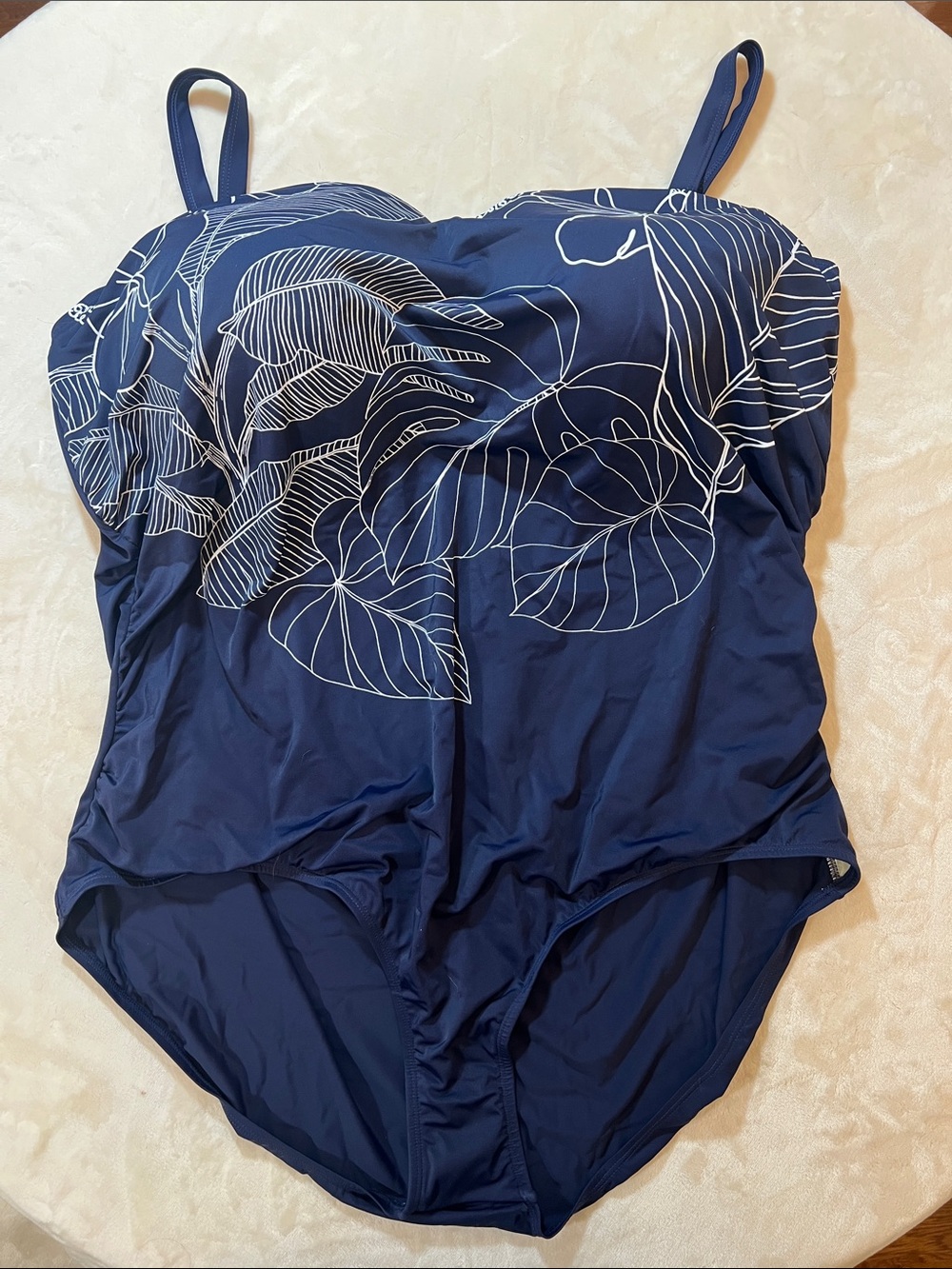 Susan Graver Navy One-Piece Swimsuit with White Leaf Print. Size 32W. NWOT